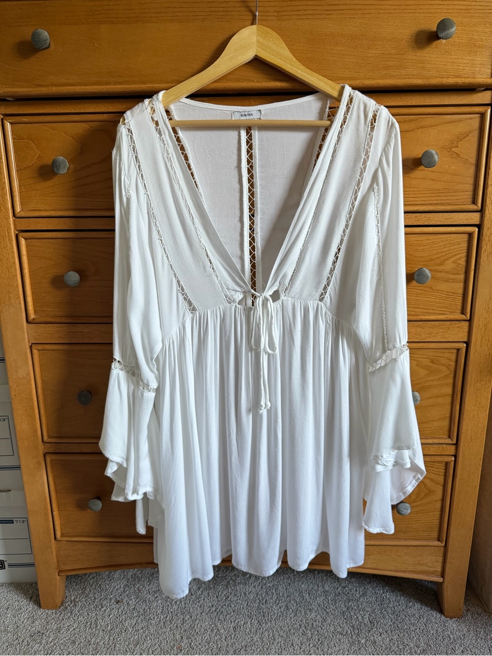 Raviya Womens Swim Coverup L White Boho Ladder Stitch Blouse Peasant Top Shirt